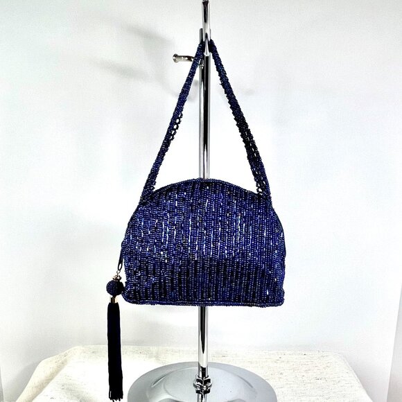 La Regale Blue Beaded Handcrafted Evening Bag with Tassel Vintage Formal Clutch - Picture 1 of 16